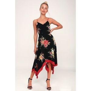 Go Fleur a Twirl Black Floral Print Midi Dress